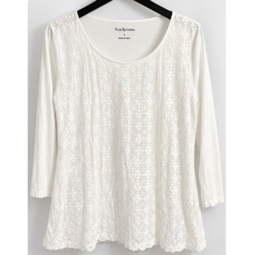 Kim Rogers White Lace Front Long Sleeve Scoop Neck Top Size L